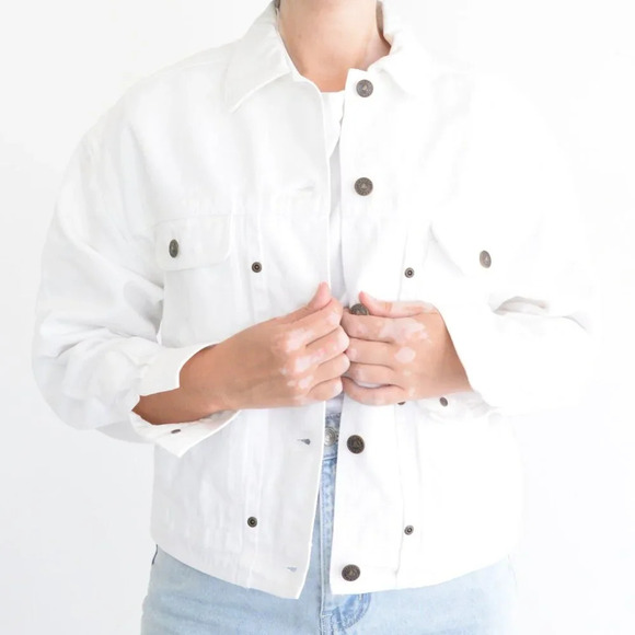 Vintage Liz Authentic White 100% Cotton Button Up Denim Jean Jacket S - Picture 2 of 11